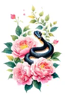 A black snake, surrounded by peonies or roses in color in watercolor tattoo design idea