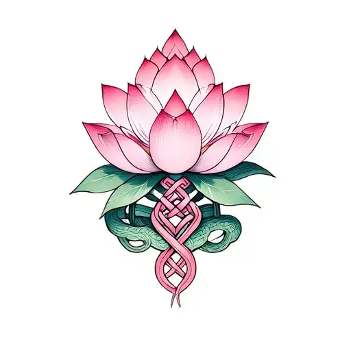Lotus flower medusa two snakes wrapping out and a karma endless knot pattern on leaves tattoo design idea