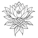 Lotus flower medusa two snakes wrapping out and a karma endless knot pattern on leaves tattoo design idea
