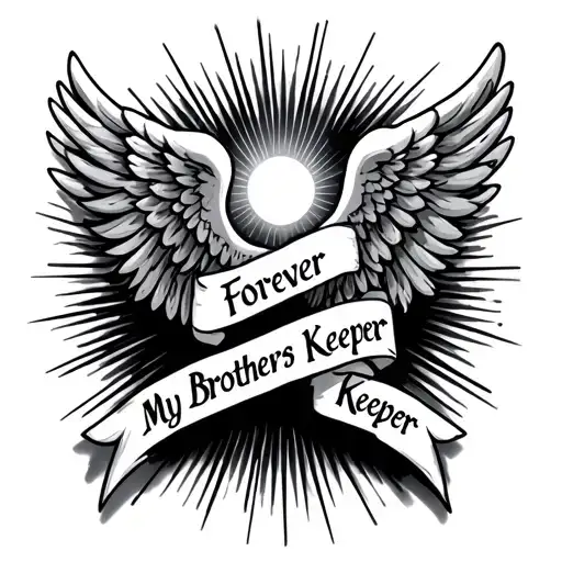Forever my brothers keeper, angel wings one on each side of the words. with sun rays behind it tattoo design idea
