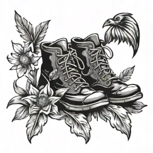 mountain boot with bird feather and edelweiss inside tattoo design idea