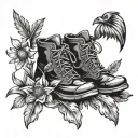 mountain boot with bird feather and edelweiss inside tattoo design idea
