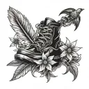 mountain boot with bird feather and edelweiss inside tattoo design idea