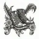 mountain boot with bird feather and edelweiss inside tattoo design idea