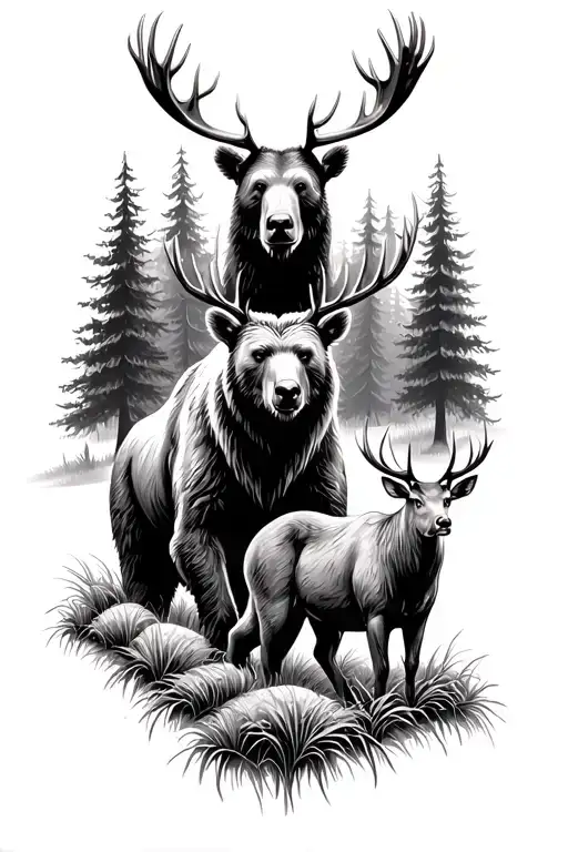 bear moose and deers with in forest with trees in the background with a rice going through the forest no antlers on bear tattoo design idea