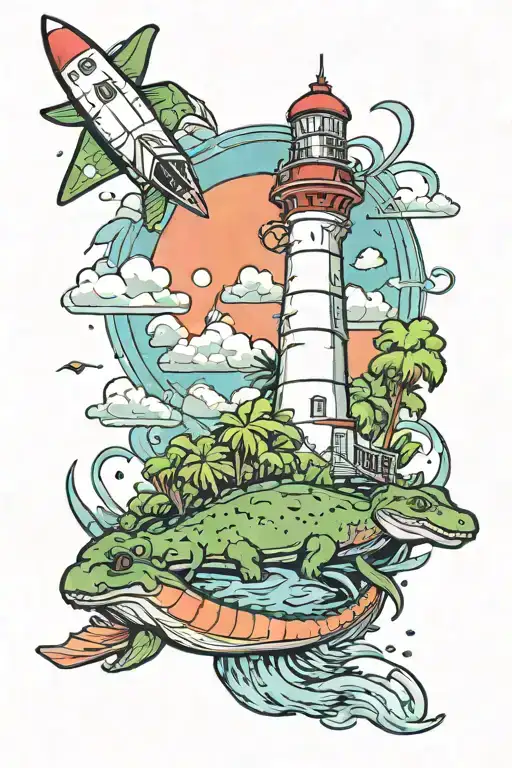 Florida theme with alligator filled swamp with lighthouse in background and space shuttle launch in sky tattoo design idea