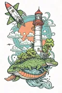 Florida theme with alligator filled swamp with lighthouse in background and space shuttle launch in sky tattoo design idea