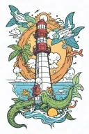 Florida theme with alligator filled swamp with lighthouse in background and space shuttle launch in sky tattoo design idea