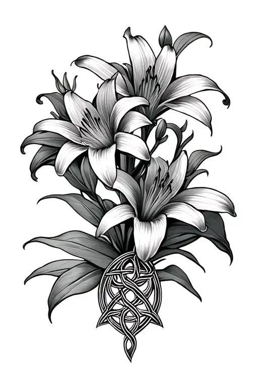 dagger stargazer lilies and Celtic knots tattoo design idea