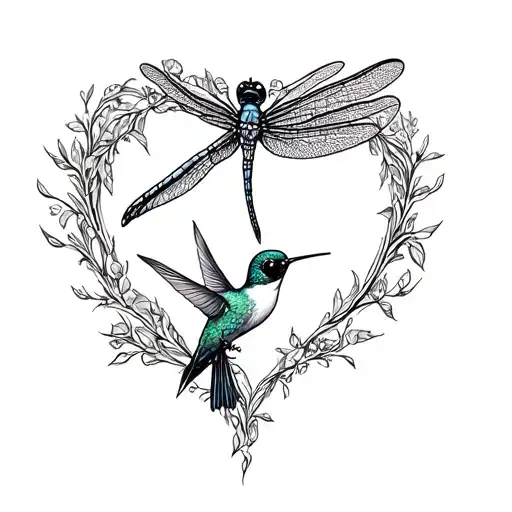 dragonfly hummingbird heart shape tattoo design idea