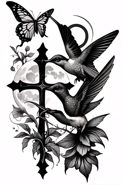 humming bird with a butterfly and a cross and a full moon tattoo design idea