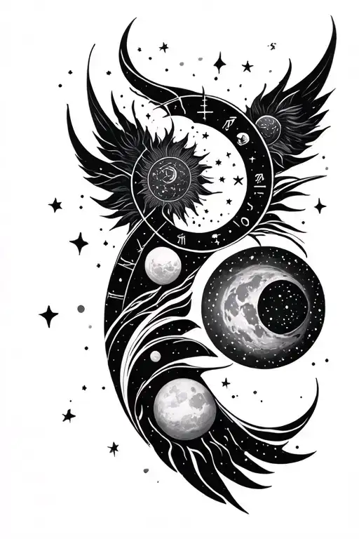 Tattoo Sleeve with zodiac sign in a circle, planetary tracks, moon phases, sun and stars, crossed by Gemetrie tattoo design idea