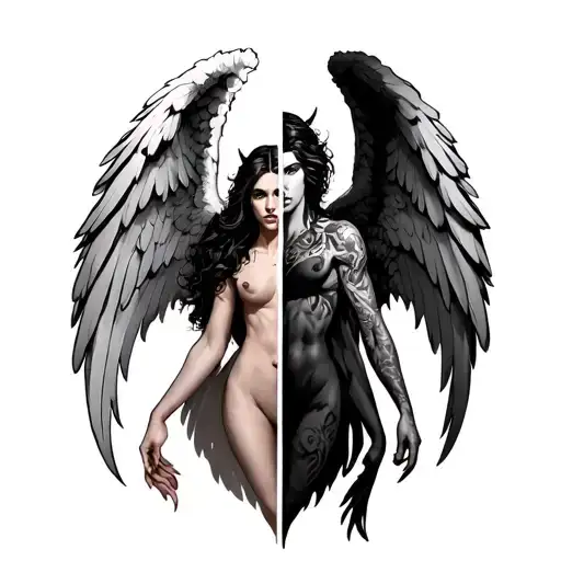half good half evil angel full body tattoo design idea