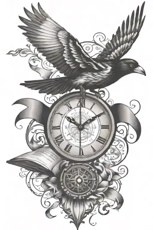 Oriole bird in flight with roman numeral clock in the background with bible verse ribbon tattoo design idea