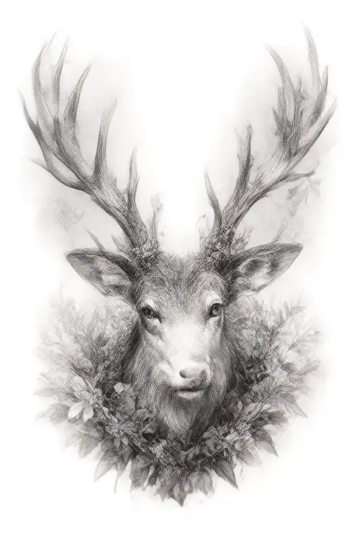 jackalope antlers made of branches with holly and narcissus flowers. have it face front tattoo design idea