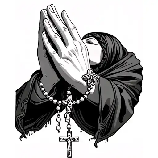 A woman’s praying hands holding a rosary catholic bead tattoo design idea