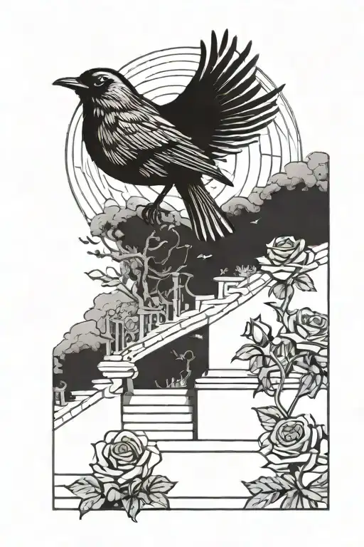 stair way to heaven with a robin carrying a rose  tattoo design idea