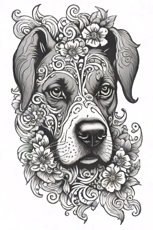 flowers and swirls with the print of a dog nose print tattoo design idea