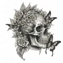 Skull with no bottom jaw, floral, swallowtail butterflies, black and grey realism, dark art, half sleeve  tattoo design idea