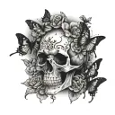 Skull with no bottom jaw, floral, swallowtail butterflies, black and grey realism, dark art, half sleeve  tattoo design idea