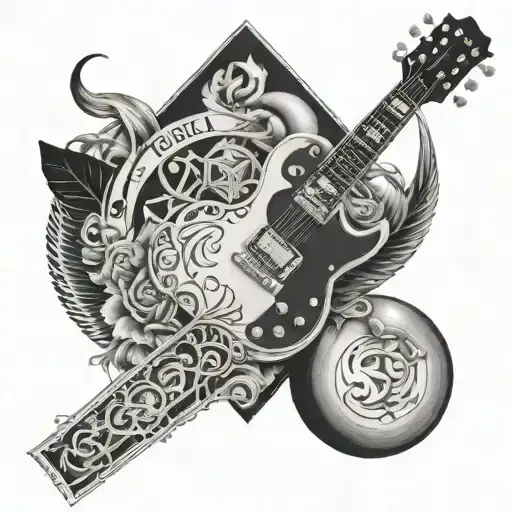 forearm tattoo - black and white - a les paul guitar inside the headstock to have a Taurus zodiac symbol - behind the ne tattoo design idea