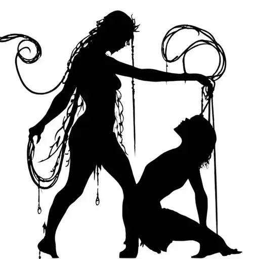 full body Silhouette of a male in a dongeon on his knees being tortured by a goddess dominatrix with whips tattoo design idea