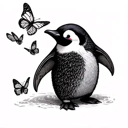 penguin outline tattoo with two small butterflies flying around next to it  tattoo design idea