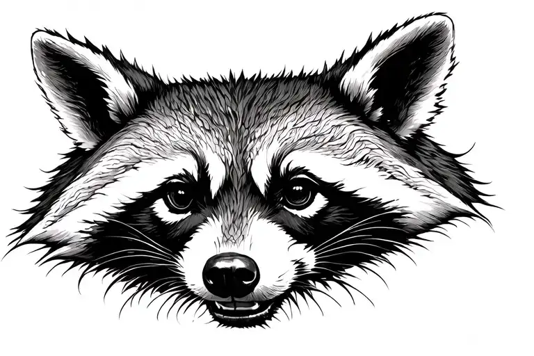 blackwork tattoo style, raccoon head, female upper back, eerie, creepy, nature elements, dark art, creepy, extended tattoo design idea