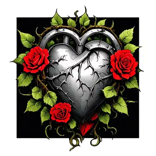 armored heart with vines thorns and bright red roses going down my pointer finger and thumb tattoo design idea