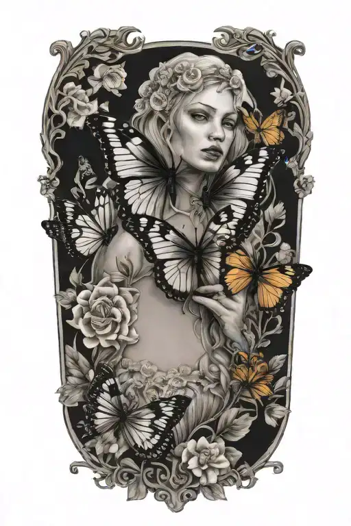 strength tarot card black queen butterflies flowers tattoo design idea