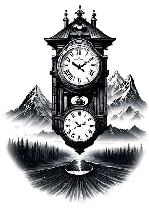 men's full sleeve clock mountains  tattoo design idea
