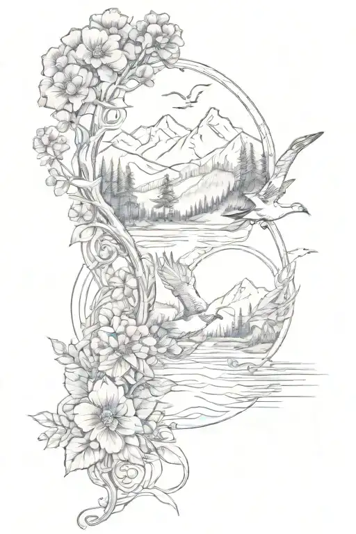 hip tattoo with geese, florals, vines, pine trees, moutains, a river, and other western elements  tattoo design idea