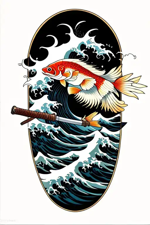 kanagawa wave, susanoo face with katana, mount fuji background, phœnix, koï fish tattoo design idea