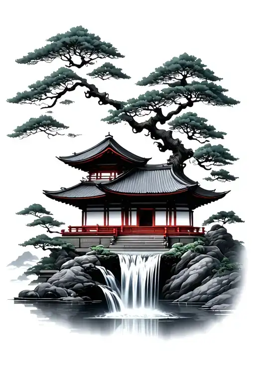 japenese temple with bonsai tree and waterfall tattoo design idea