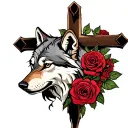 wolf guarding a cross, cross wrapped in roses  tattoo design idea