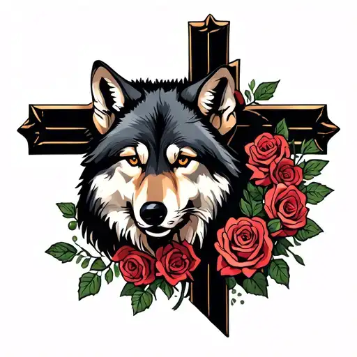 wolf guarding a cross, cross wrapped in roses  tattoo design idea