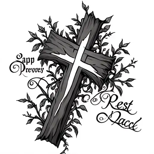 a cross with vines going around and a white strip going around the cross Rest In Peace and saying Papa, reyrey, cardinal tattoo design idea
