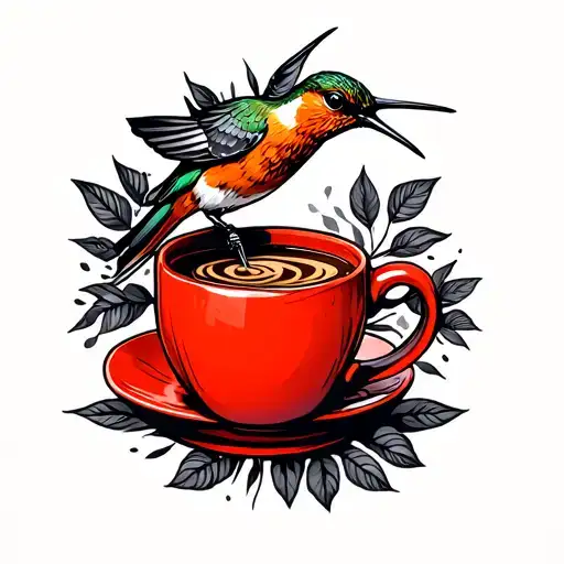 a red coffee mug with a orange humming bird sitting drinking coffe tattoo design idea
