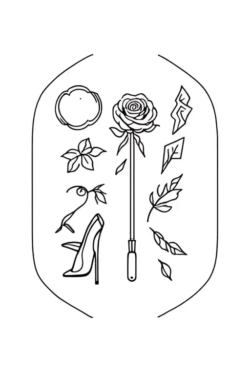 linear fine line 8 symbols: plutonium, Pocahontas leaf, leprechaun, high heel, thunderstorm, cooking utensils, rose, 45 tattoo design idea