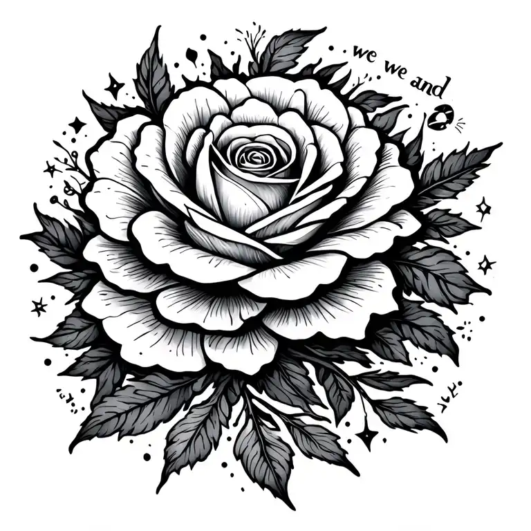 A fine line tattoo featuring a blooming flower, celestial symbols, a single-line rose, and the handwritten phrase “we ar tattoo design idea