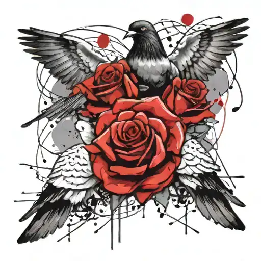black and white pigeon and rose intertwined tattoo design idea