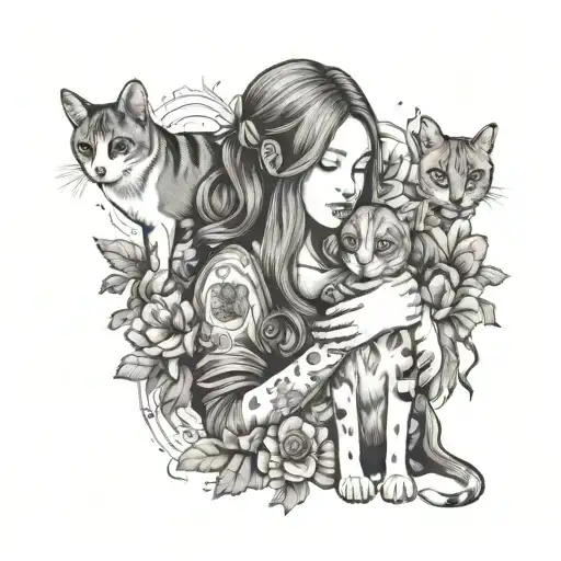 continous line of girl holding beagle and cat with marigolds and morning glory flowers around them tattoo design idea