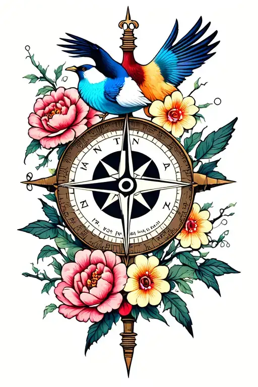 A compass with the trans symbol, flowers, birds, breaking oaks and the testosterone molecule tattoo design idea