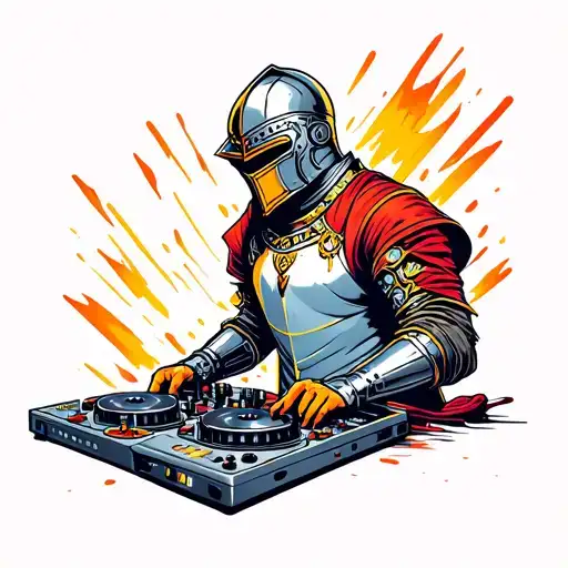 a knight being a DJ on a rave tattoo design idea