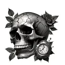 a skull with cracks in it, around the skull I want dying roses, and beside the skull I want a broken clock that looks ki tattoo design idea