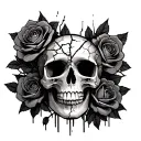 a skull with cracks in it, around the skull I want dying roses, and beside the skull I want a broken clock that looks ki tattoo design idea