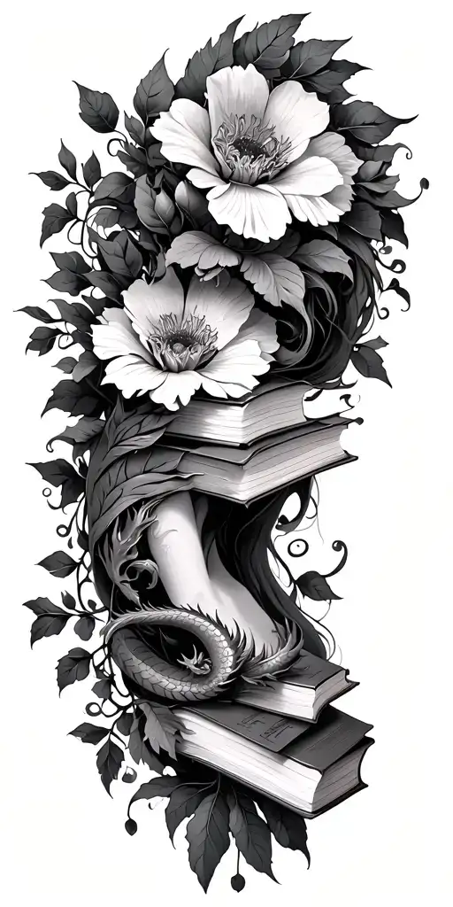 a fine line, shoulder and full arm tattoo with Flowers, wrap around vine, books, and a small dragon. tattoo design idea