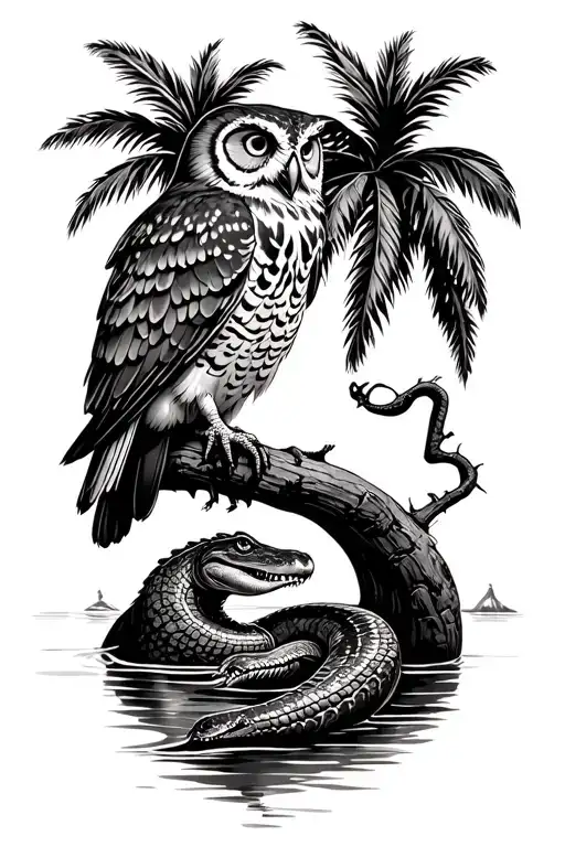 owl perched on a branch of a palm tree, alligator fighting a snake in the water underneath the tree tattoo design idea