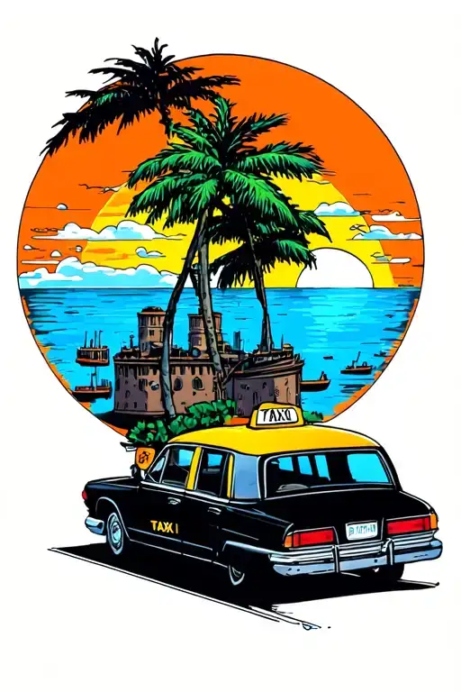 Black taxi with the yellow roof and orange patent in a sunset with a port by far tattoo design idea