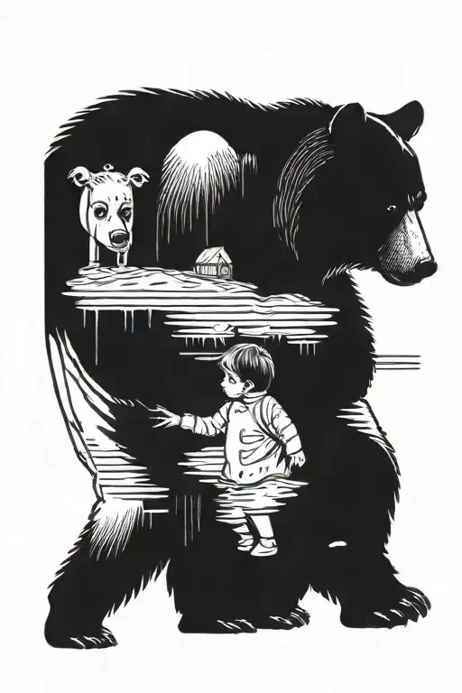 bear with a teddy bear. reflection in water man with a child. woman near the house. cuff of a shirt with buttons tattoo design idea